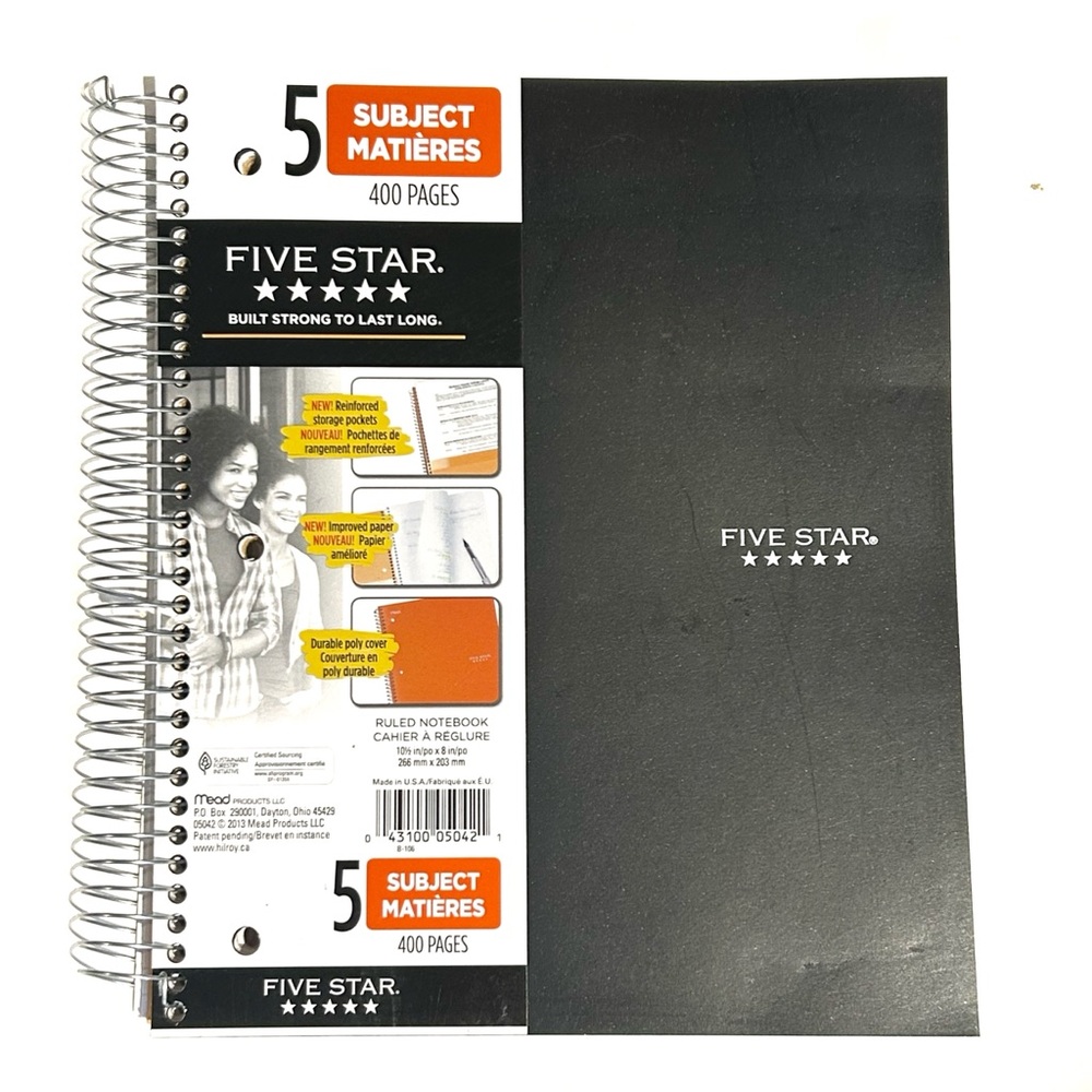 Five Star 5 Subject Spiral Notebook 400 Pages Ruled Lined Paper Black School Job